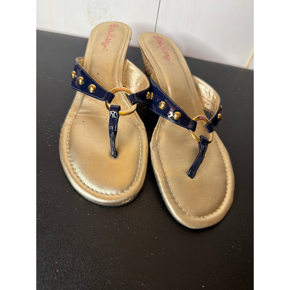 Lilly Pulitzer Womens Navy Leather Wedge Sandal Studded Thong Size 9M